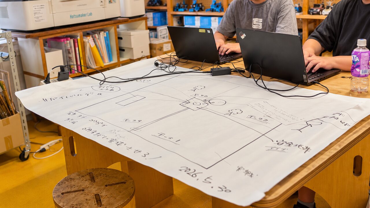 紙を使ってアイデアを整理しながら考えるプログラミング学習の様子