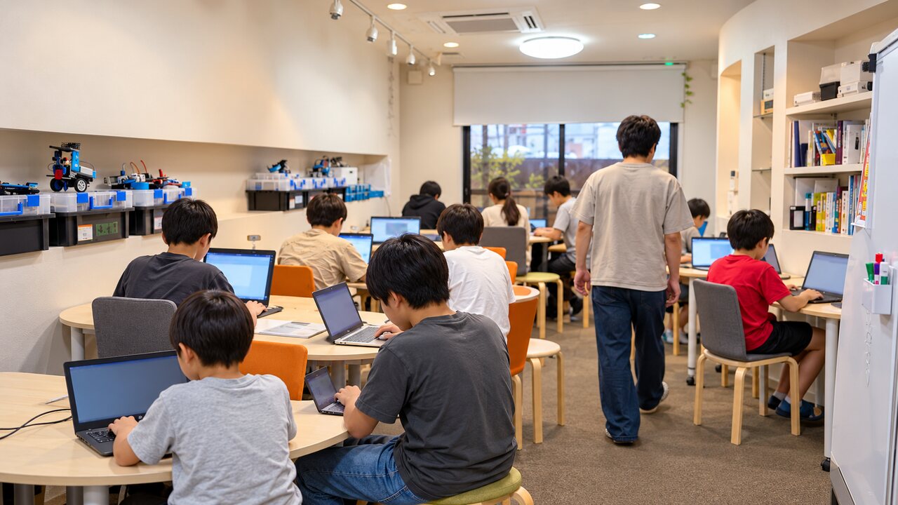 子どもたちがそれぞれの作品づくりに取り組むIT自由研究室の教室風景
